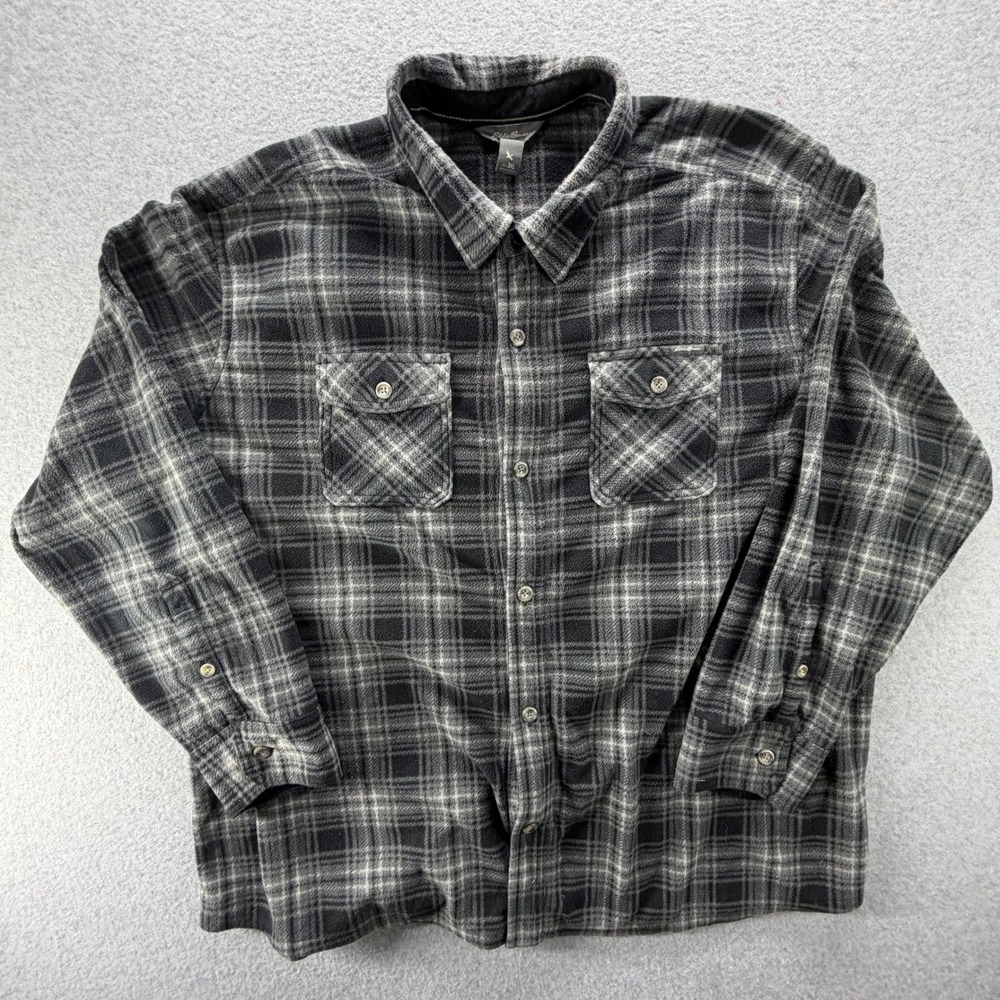 Eddie Bauer Mens 3XL Fleece Plaid Flannel Shirt Black Gray Button Up 0620